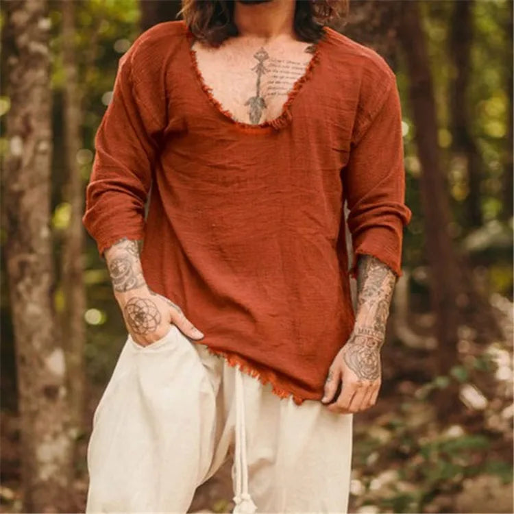 Mens Linen V-Neck Long Sleeve Casual Shirt