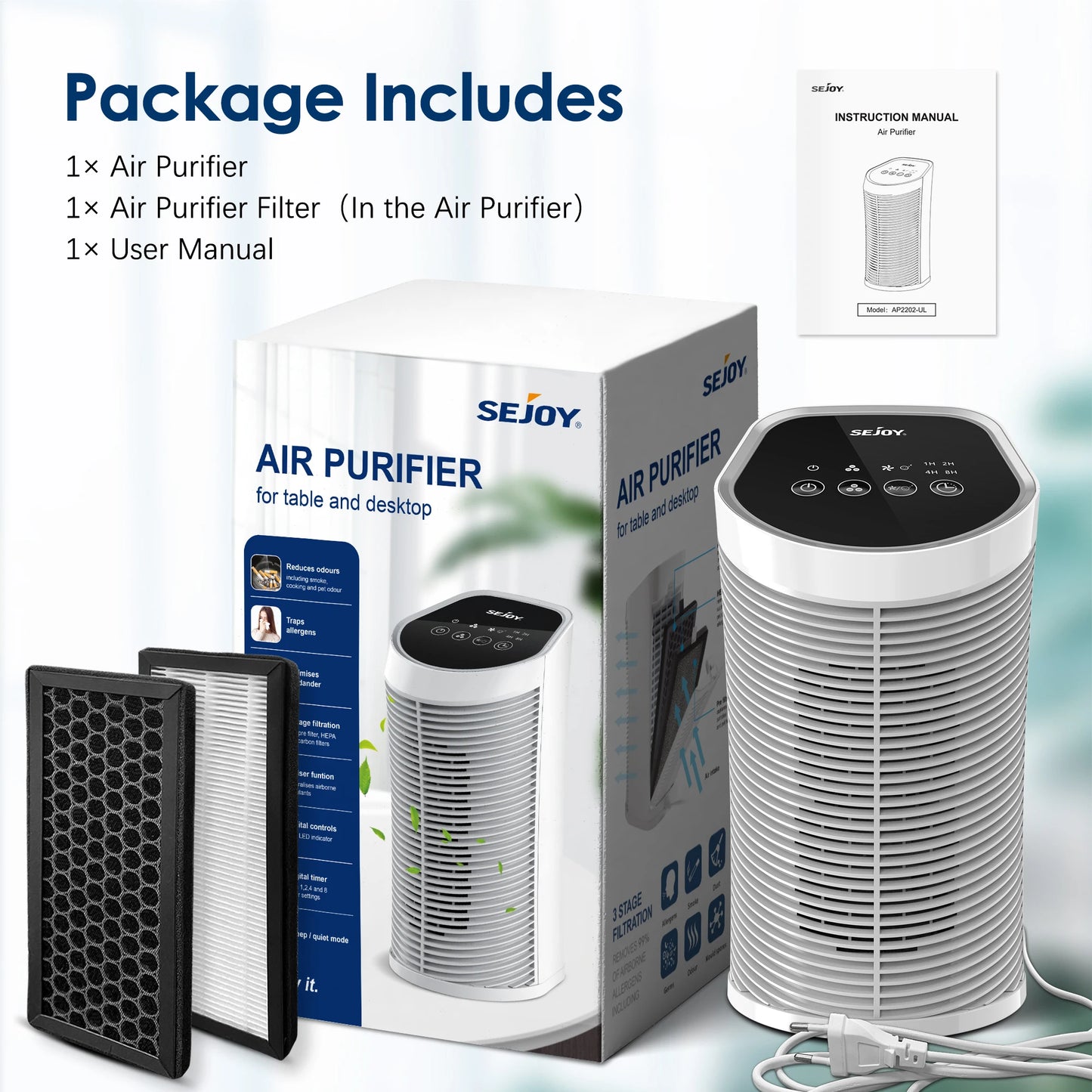 Sejoy Indoor Air Purifier With HEPA Filter Ionizer Quiet