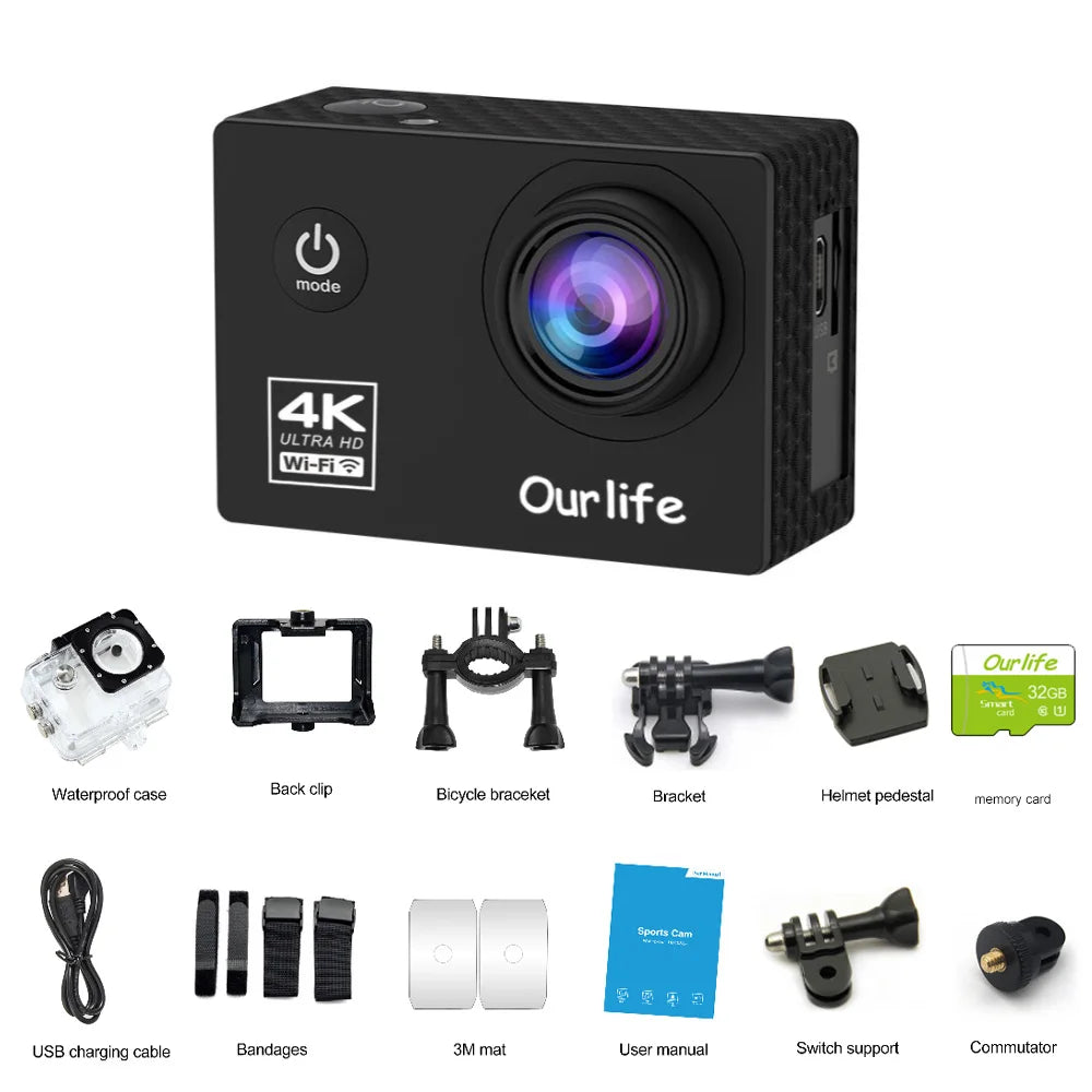 OURLIFE Action Camera 4K 30FPS Waterproof 30m DVR Pro