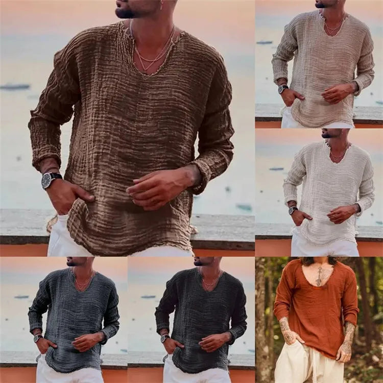 Mens Linen V-Neck Long Sleeve Casual Shirt