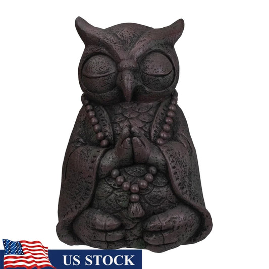 XMSJ Meditating Owl Garden Statue Polystone Zen Lotus
