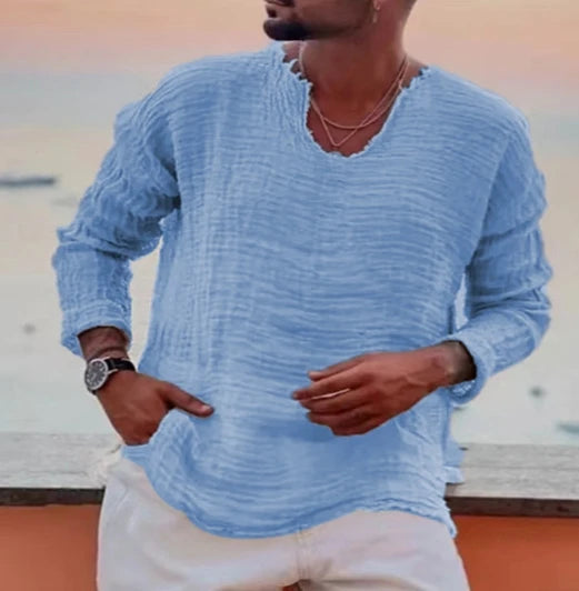 Mens Linen V-Neck Long Sleeve Casual Shirt