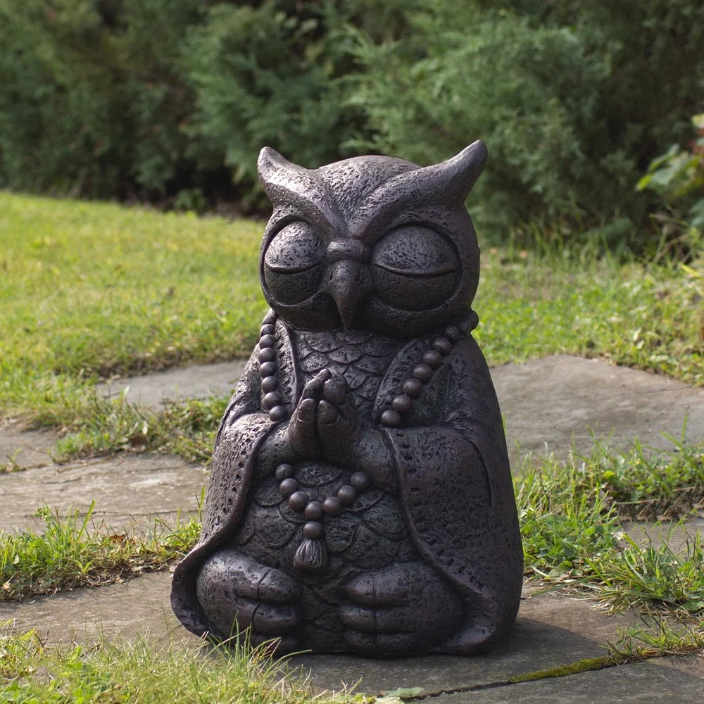XMSJ Meditating Owl Garden Statue Polystone Zen Lotus