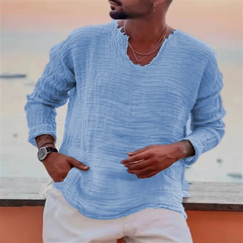 Mens Linen V-Neck Long Sleeve Casual Shirt