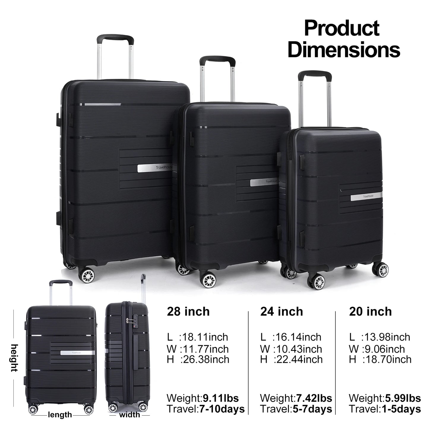 Travelhouse Hardshell PP Luggage Set 3 Piece With TSA Lock