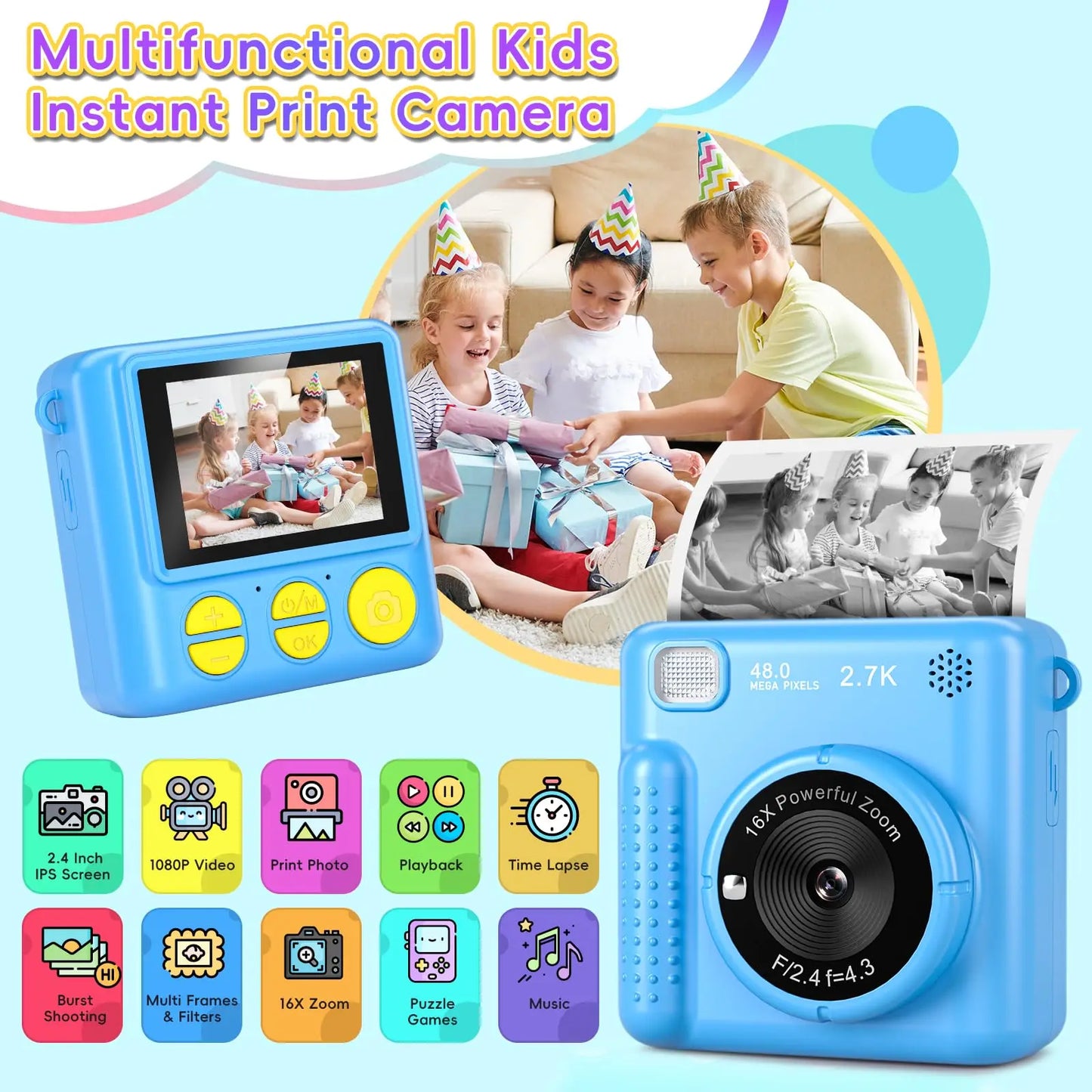 CN Kids Digital Camera Instant Printing FHD Selfies