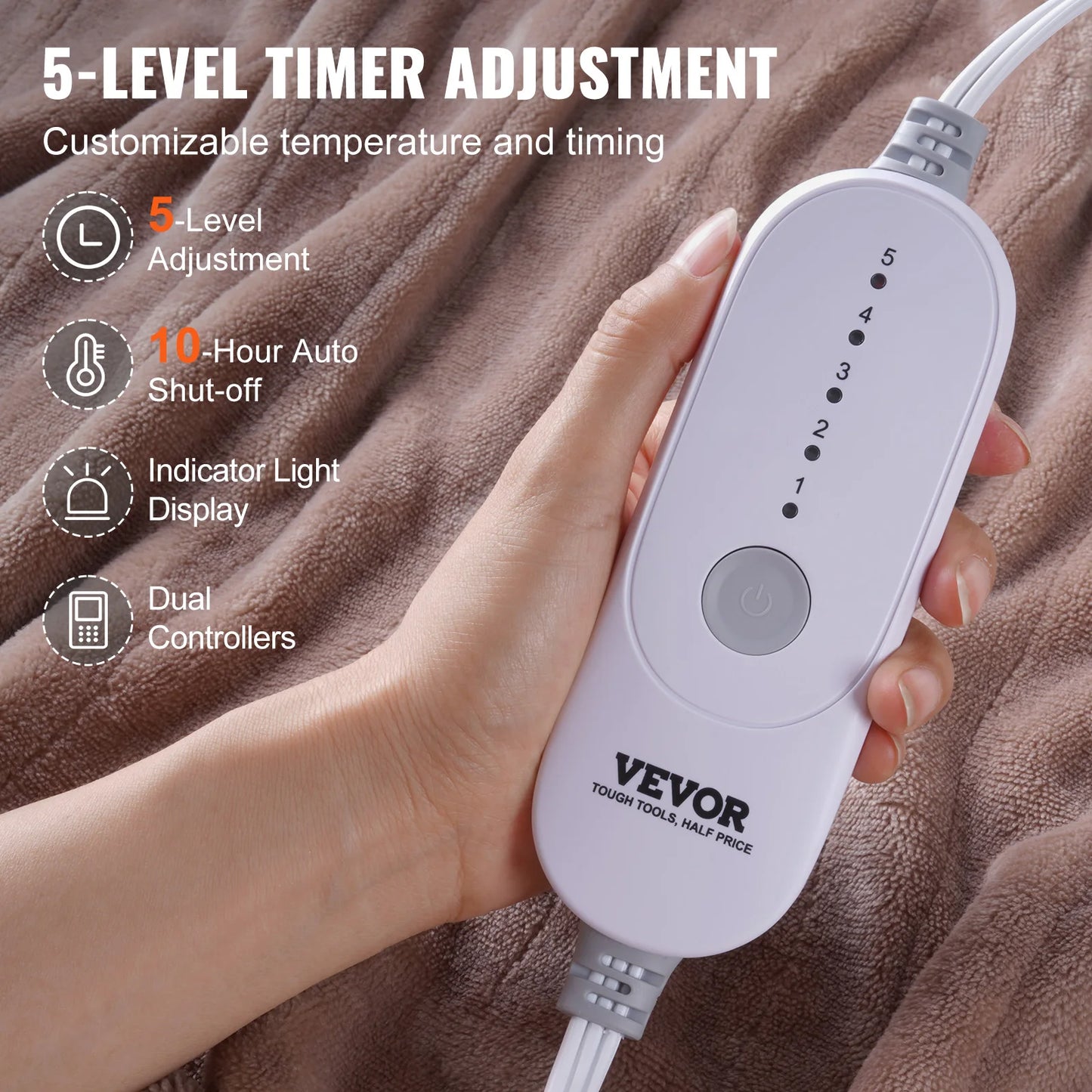 VEVOR Heated Blanket Electric Throw Auto Off 5 Heat Levels