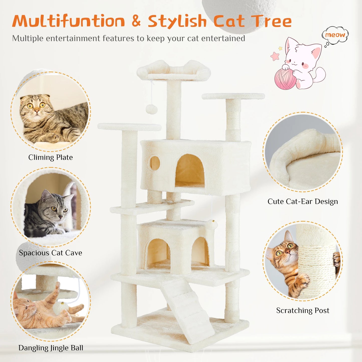 JHK 54 Inch Tall Multi Level Cat Tree Sisal Scratching Post