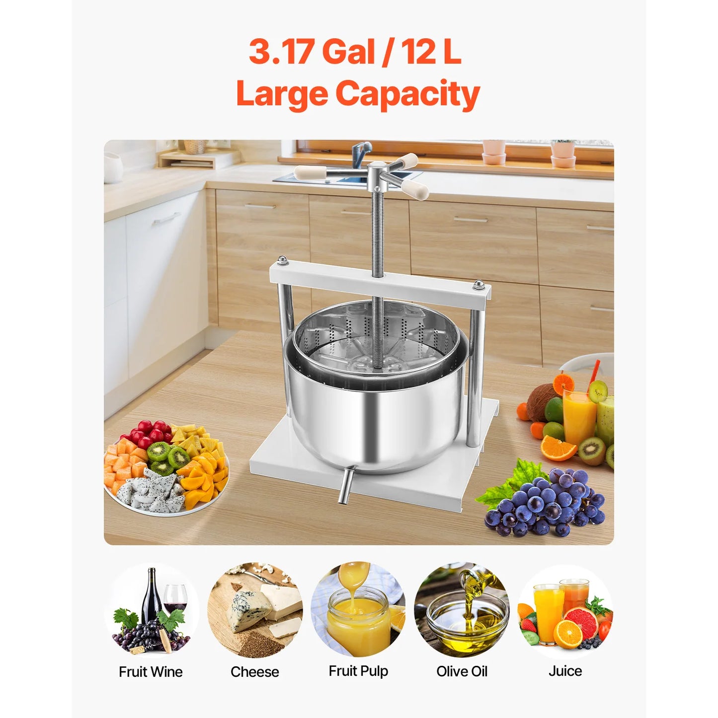 VEVOR Manual Fruit Wine Press Stainless Steel Home Kitchen